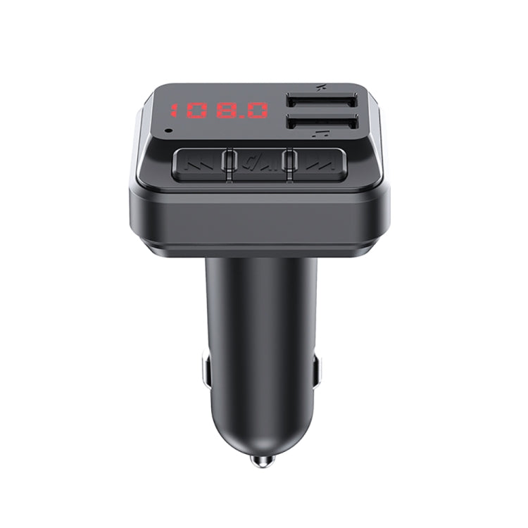 Car FM wireless audio transmitter with dual USB, front view with red numeric LED