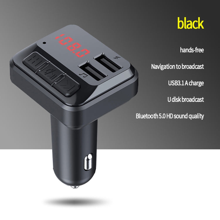 Car FM wireless audio transmitter with dual USB charger, black device with red LED readout