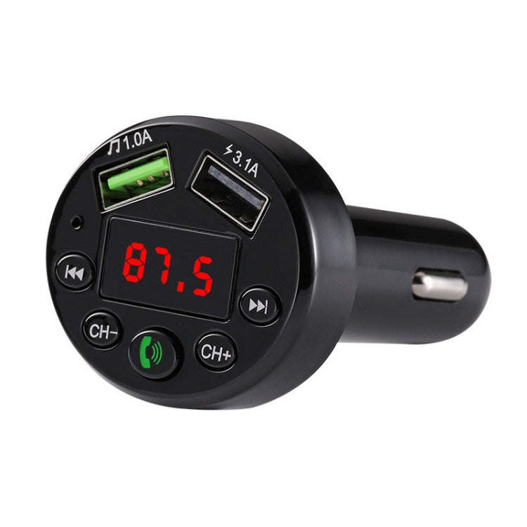 Black circular car FM transmitter MP3 player with red LED display and USB ports
