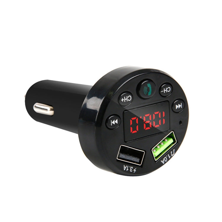 Black car FM transmitter MP3 player with red LED readout, USB port, and hands-free icon