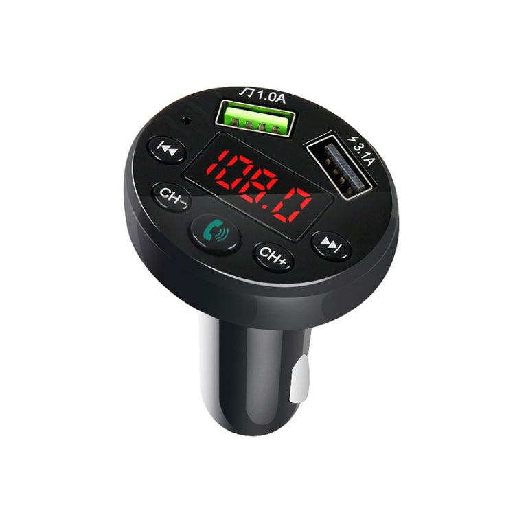 Black car FM transmitter MP3 player with red LED display, dual USB, and control keys