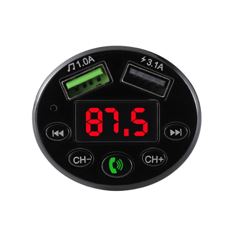 Black round car FM transmitter MP3 player with red LED digits and USB power indicators