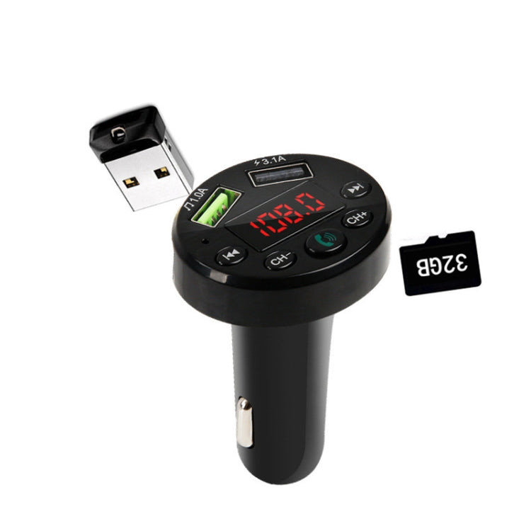 Black car FM transmitter MP3 player with dual USB plug, red LED display, and phone icon
