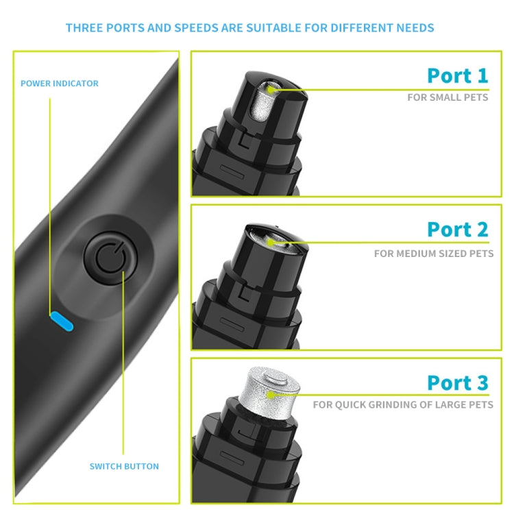 Electric pet nail grinder with multi-port grinding head, power switch, speed settings