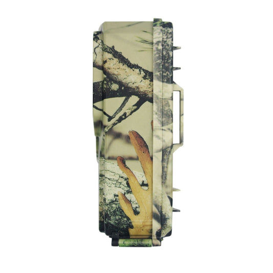 Camouflage trail camera side profile with latch and mounting brackets