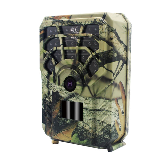 Camouflage outdoor trail camera with lens and IR sensor, front view
