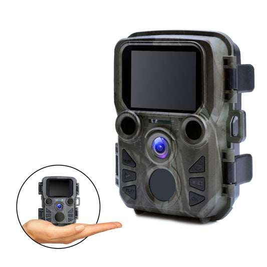 Dark gray mini hunting camera with blue lens, rugged housing, and front LCD screen