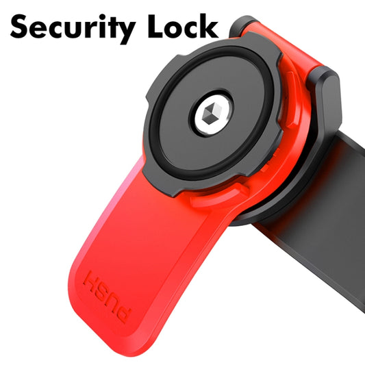 Security lock phone holder mount with black circular lock and red base