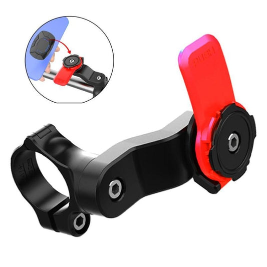 Adjustable phone holder mount with black clamp and red locking arm for handlebars