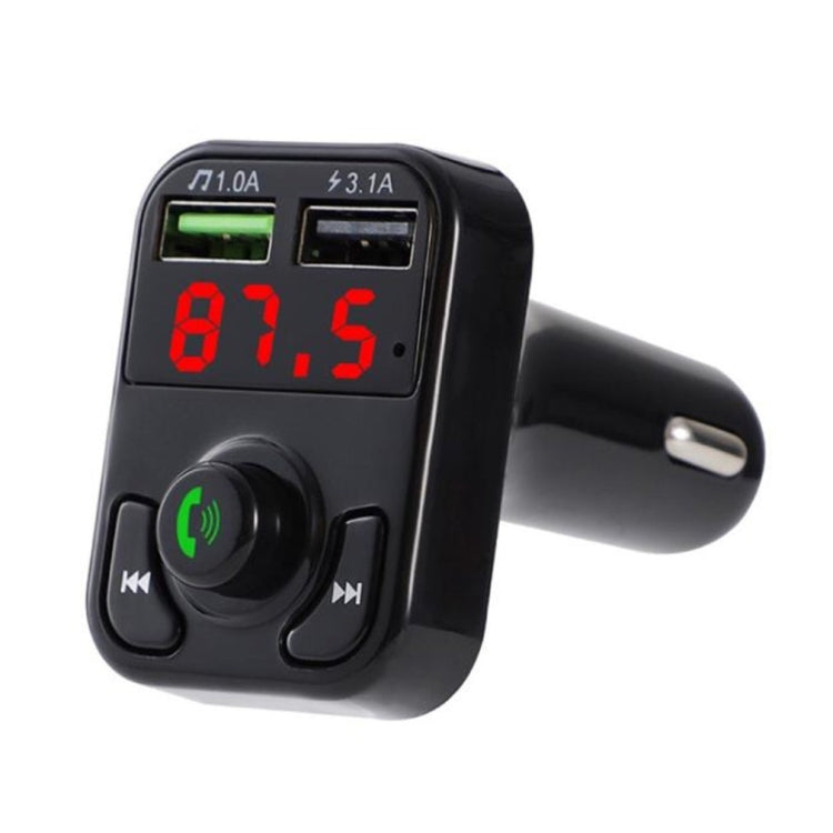 Black car hands-free wireless audio receiver with red/green LCD and control buttons