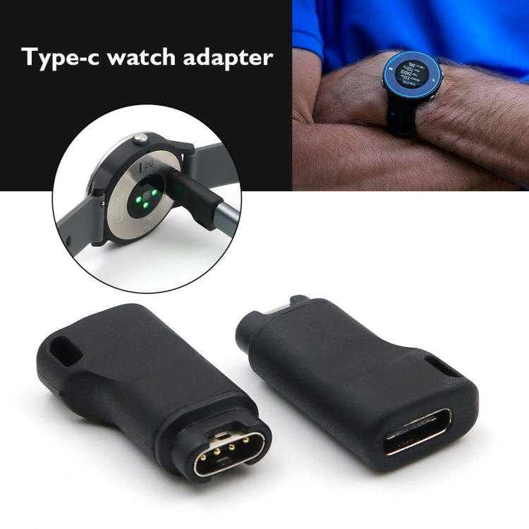 Type-C watch charging adapter, USB-C plug end view and angled view