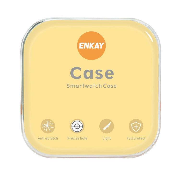 ENKAY smartwatch case packaging, clear tempered glass full protection icons