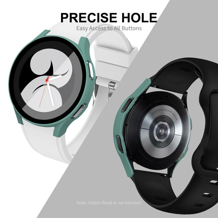 Tempered glass protector case with button openings, green frame on white and black watches