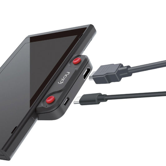 Black iPlay audio transmitter adapter with two red buttons and connected cables to ports