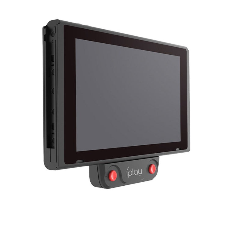 Black iPlay audio transmitter adapter on a handheld screen base with red controls