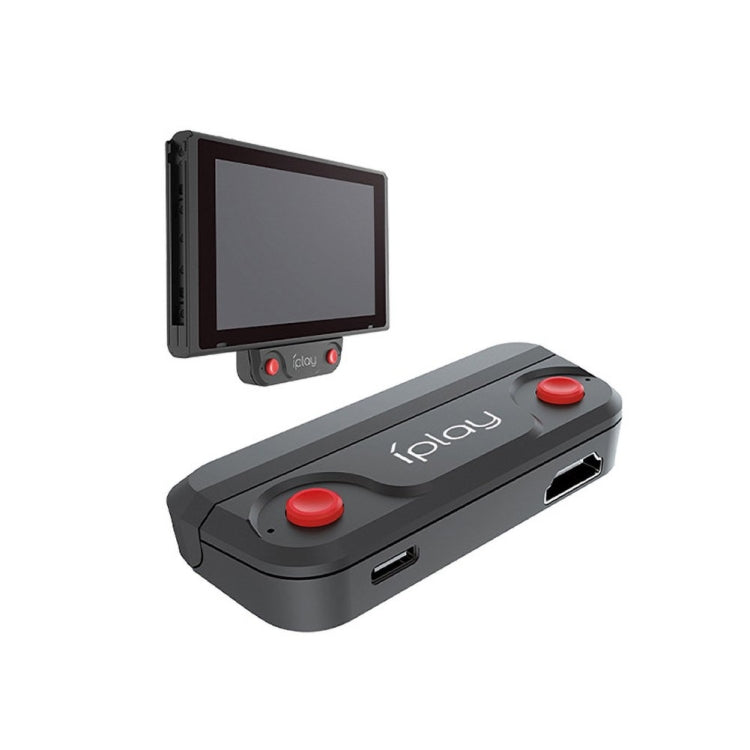 Black iPlay audio transmitter adapter with two red buttons next to a handheld screen