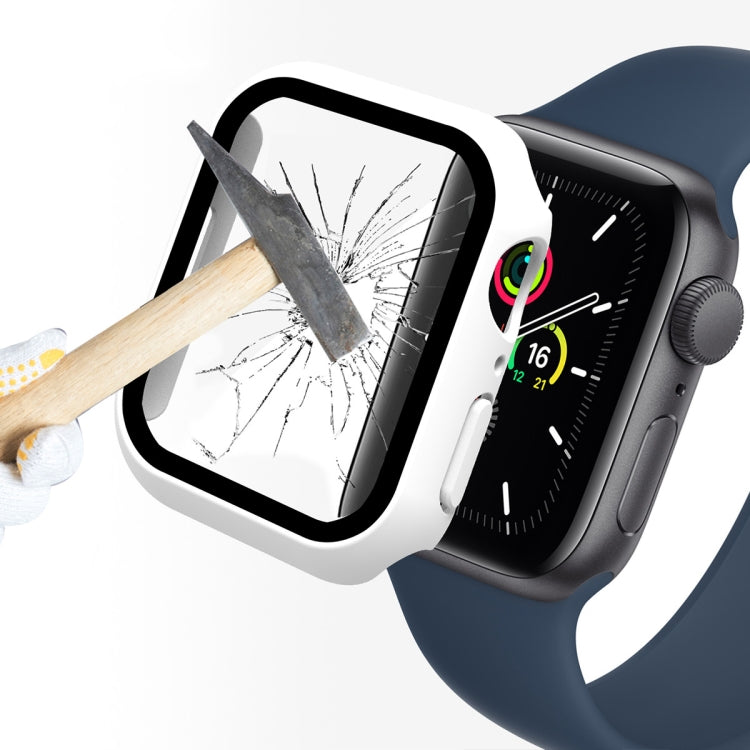 Apple Watch screen protector case with white frame, full coverage tempered glass