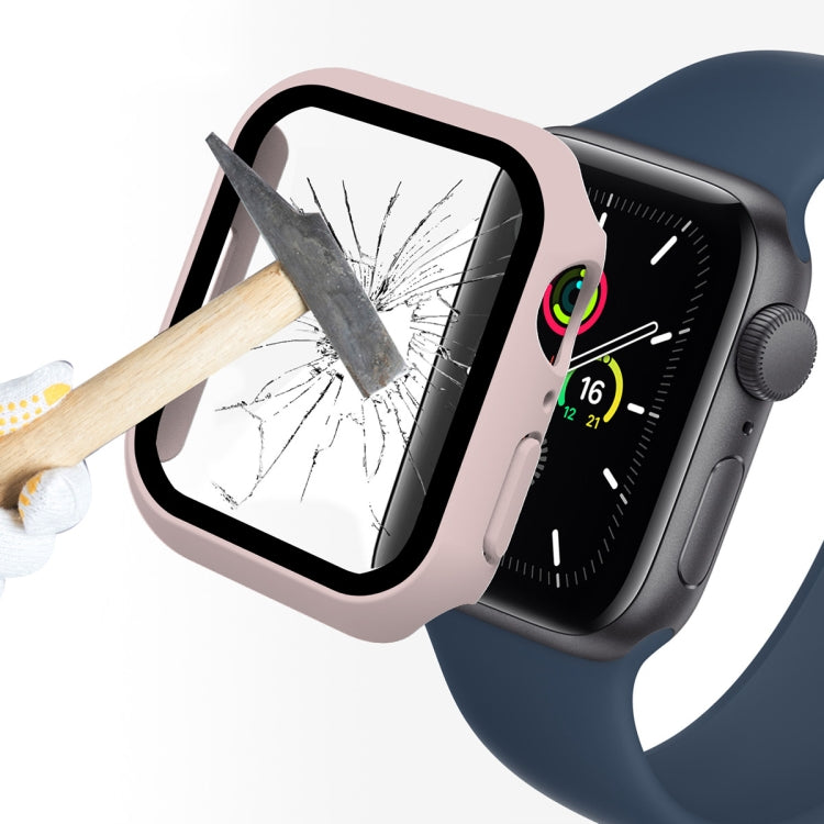 Apple Watch screen protector case with pink frame, full coverage tempered glass