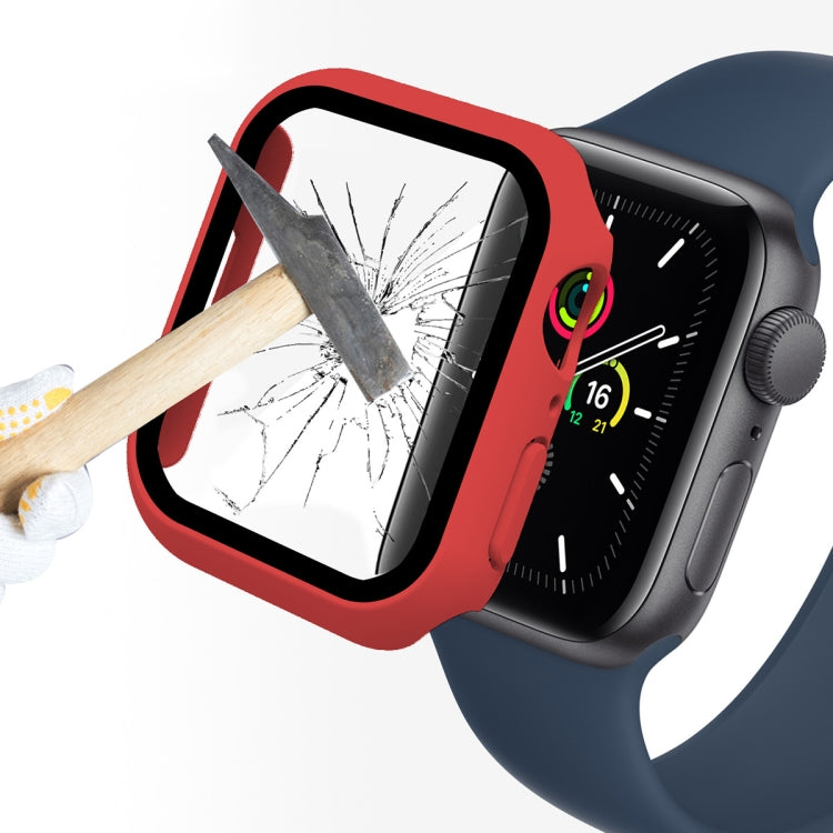 Apple Watch screen protector case with red frame, full coverage tempered glass