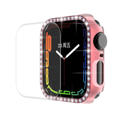 Pink Apple Watch case with rhinestone bezel and clear curved screen protector cover
