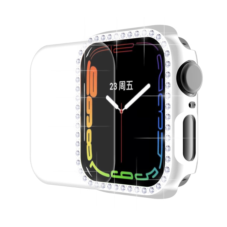 Silver Apple Watch case with rhinestone bezel and clear curved screen protector cover