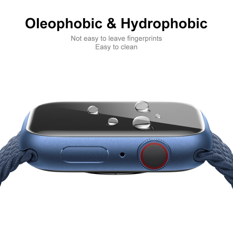 Blue Apple Watch with curved screen protector film showing water droplets