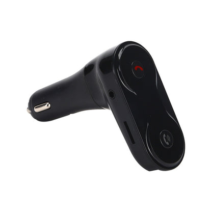 Black car FM Bluetooth transmitter with red power icon and control buttons