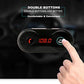 Black FM transmitter with red LED frequency 108.0 and finger on control button