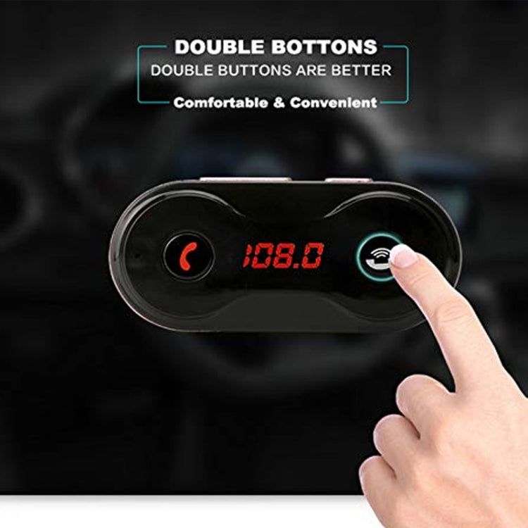 Black FM transmitter with red LED frequency 108.0 and finger on control button