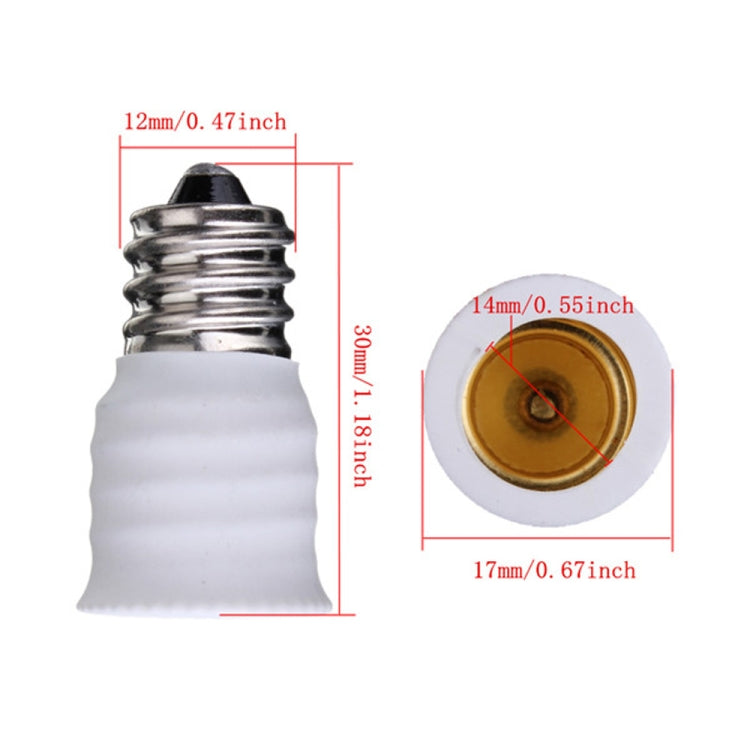E12-to-E14 LED socket adapter with size measurements on the ends (12mm, 17mm)