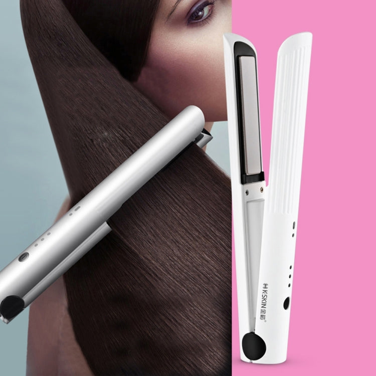 Cordless ceramic hair straightener in white with black heating plate and cap