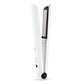 White cordless hair straightener with dual black ceramic plates, side view