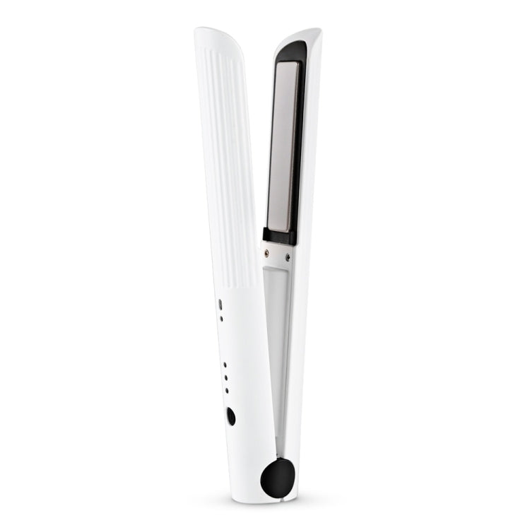 White cordless hair straightener with dual black ceramic plates, side view