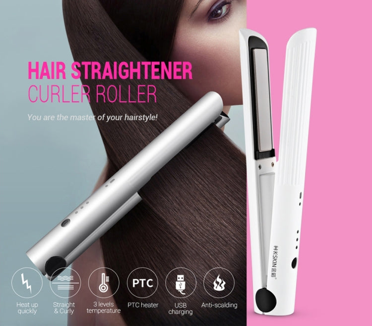Cordless hair straightener curler roller with white body and silver wand grip