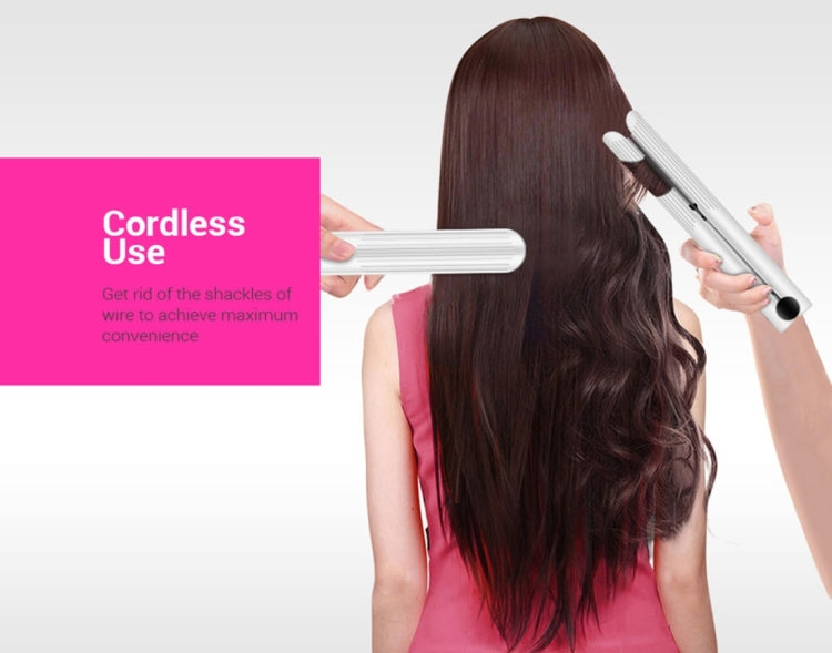 Cordless hair straightener in use on long dark hair, white and silver tool