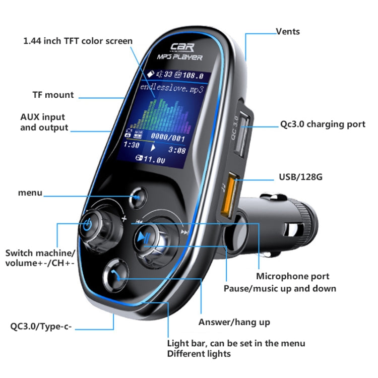 Car MP3 player adapter with 1.44in TFT color screen, aux output, and charge port