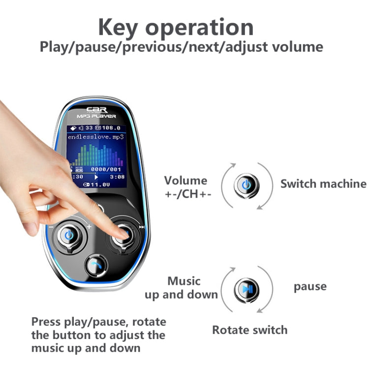 Car MP3 player adapter with color screen and volume controls being operated by hand