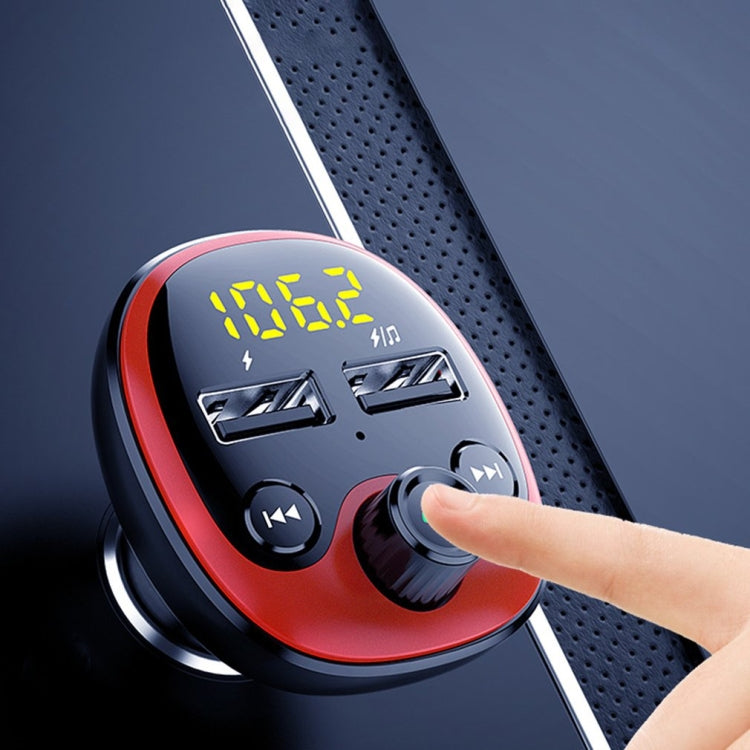 BT21 car FM Bluetooth transmitter with digital display and volume knob, red and black
