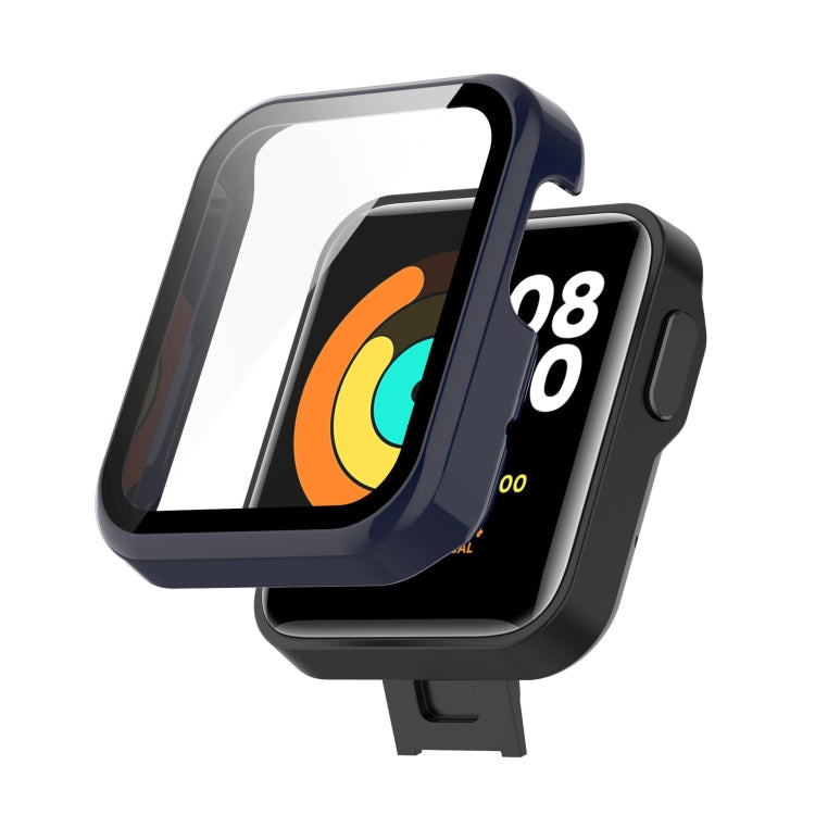 Blue toughened watch case with front screen cover and side button cutouts