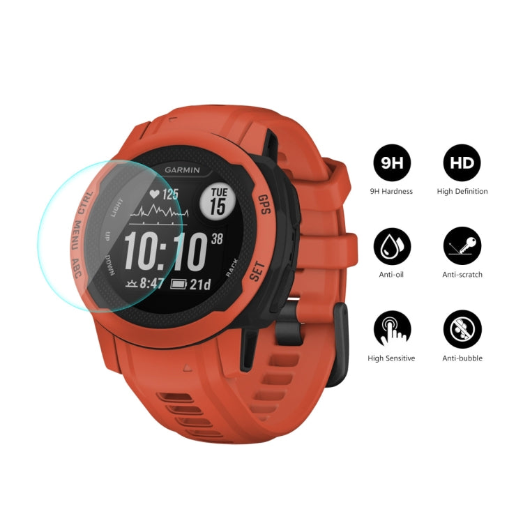 Tempered glass screen protector with 9H HD icons on orange Garmin smartwatch display