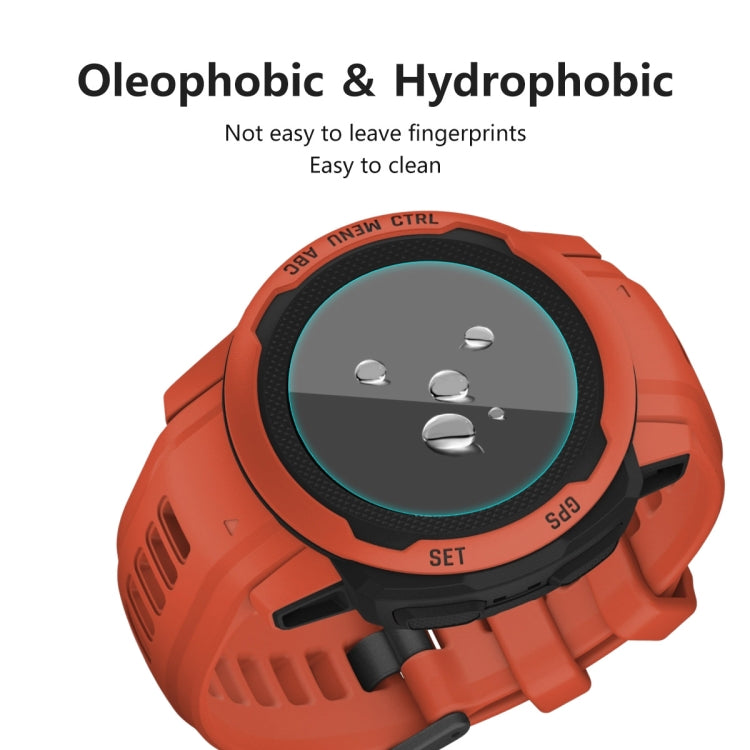 Oleophobic and hydrophobic tempered glass screen protector on orange Garmin smartwatch screen