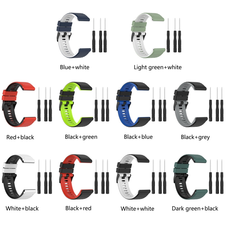 Two-tone silicone watch strap with black buckle, blue and white colorway