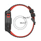 Red and black silicone watch strap with black buckle and side tabs
