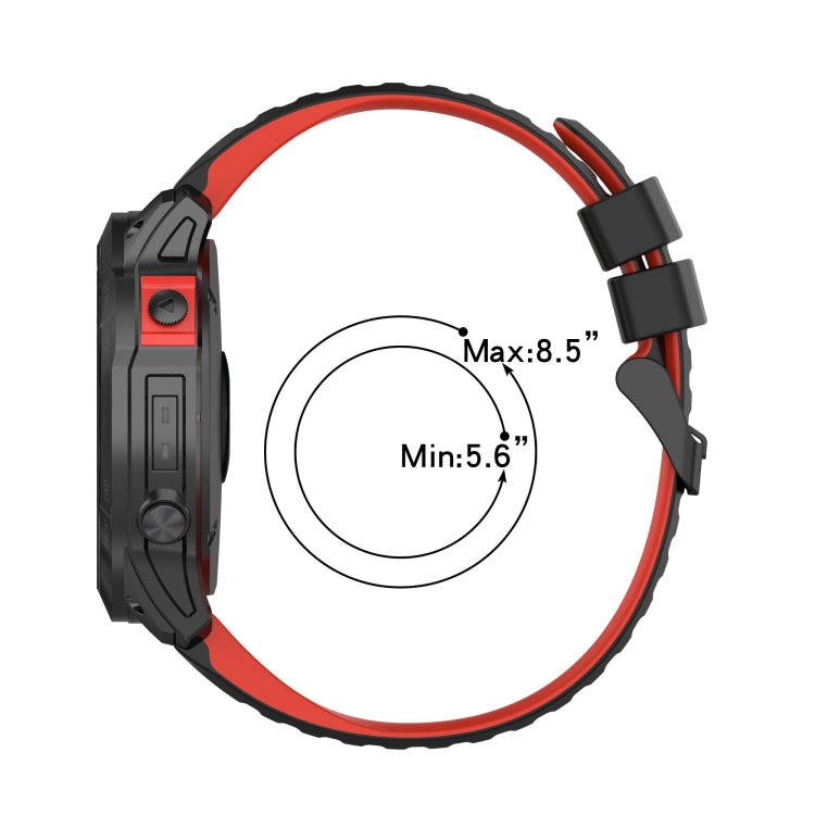 Red and black silicone watch strap with black buckle and side tabs