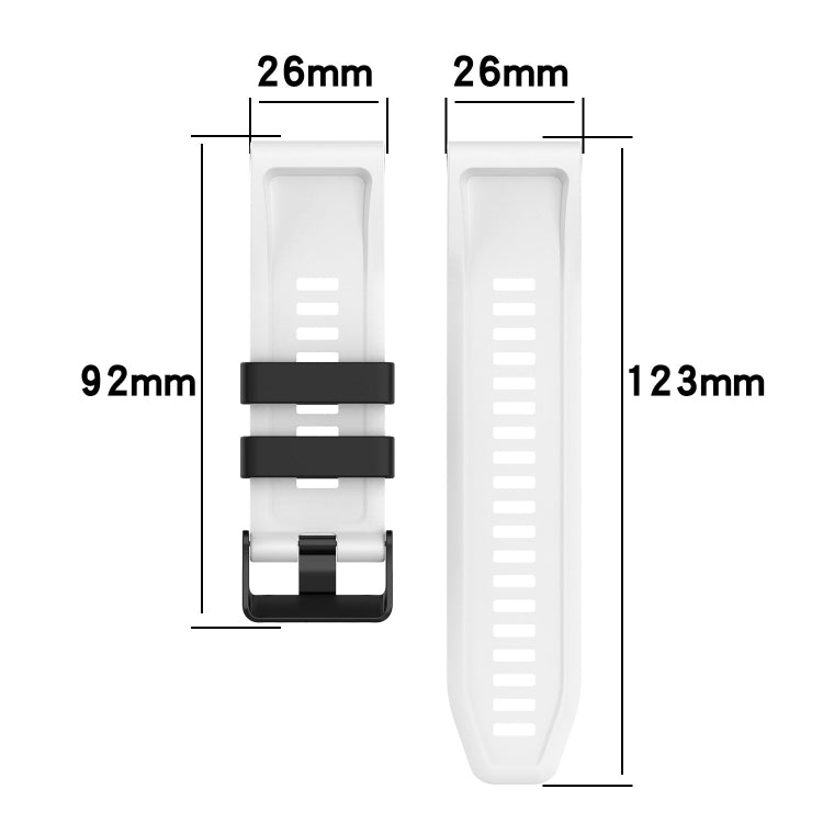 White silicone watch strap with black buckle and adjustable loop