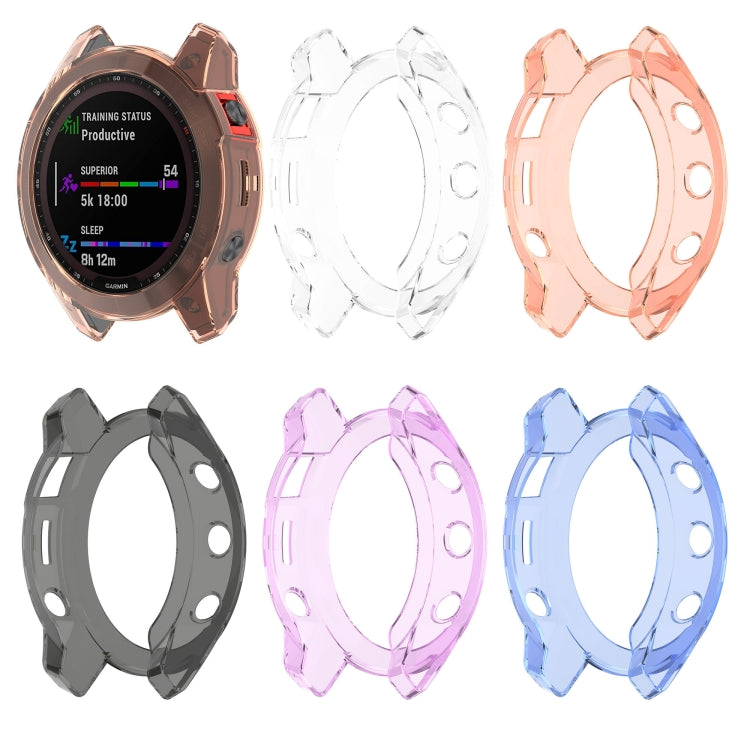 Assorted TPU watch cases in clear, pink, black, purple, and blue for Garmin Fenix 7