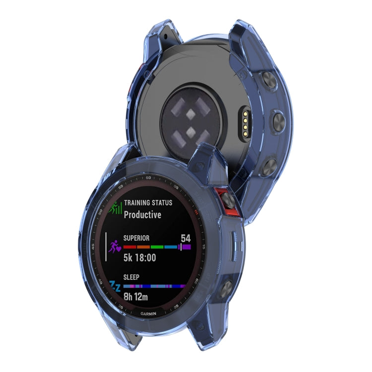 Blue TPU protective watch case for Garmin Fenix 7, side view shockproof design