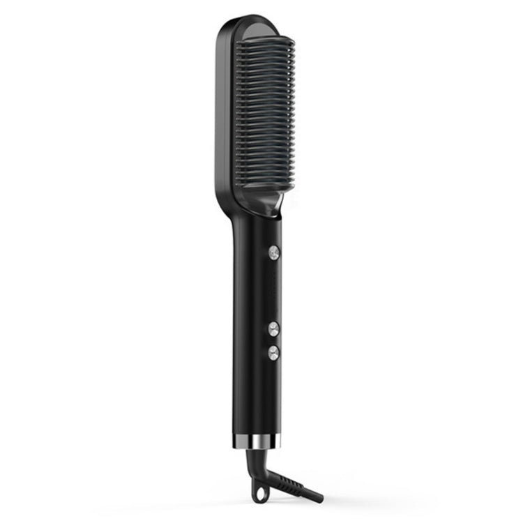 Black electric hair straightener comb brush with heated teeth and long handle