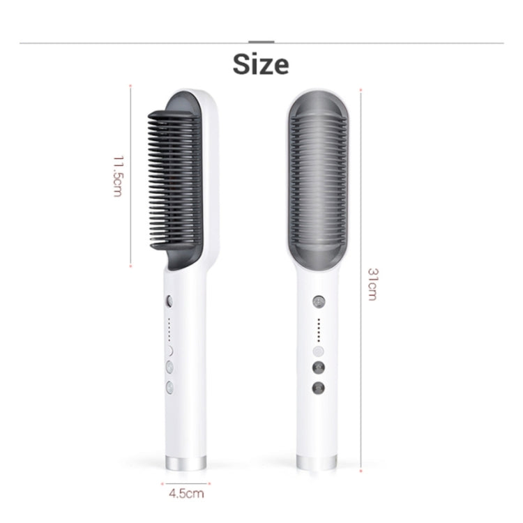 White and black hair straightener comb brushes shown side by side with sizing