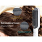 White hair straightener brush with heated comb teeth gliding through dark hair